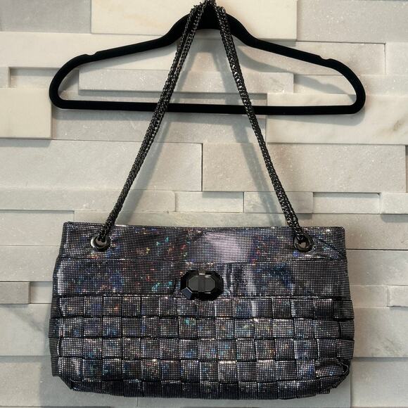 MIADORA Iridescent Gray Shoulder/Crossbody Tote Bag Gunmetal Chain Straps Bling - Picture 1 of 9